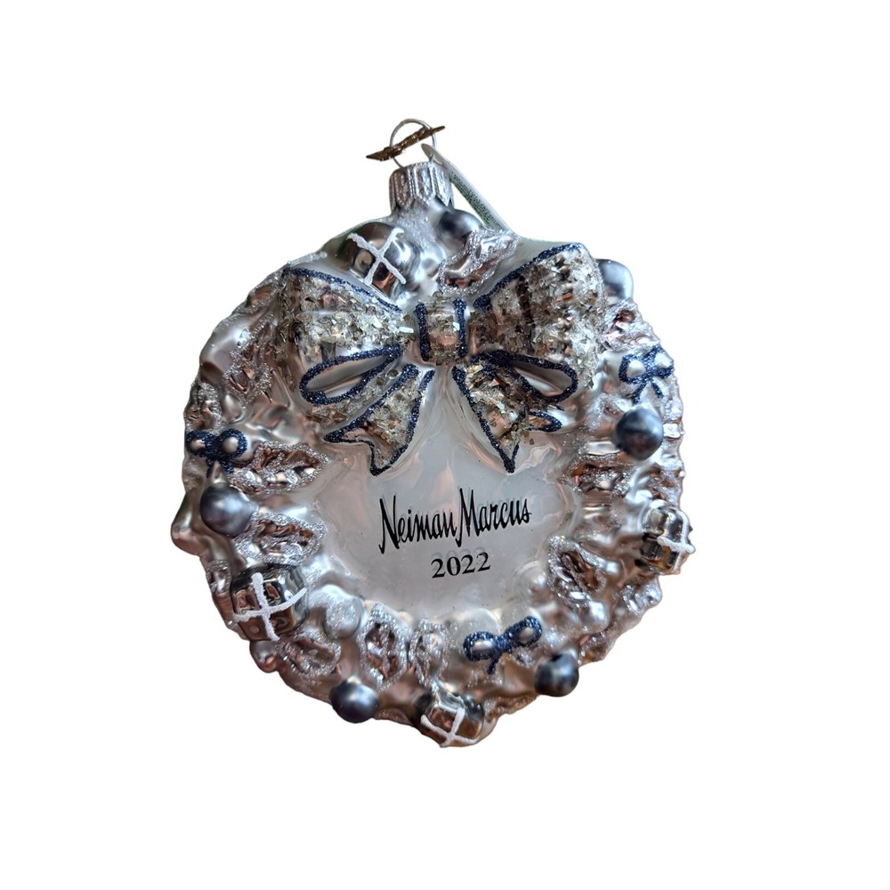 Neiman Marcus Mouth Blown Hand Painted Glass Christmas‎ Tree Wreath Ornament